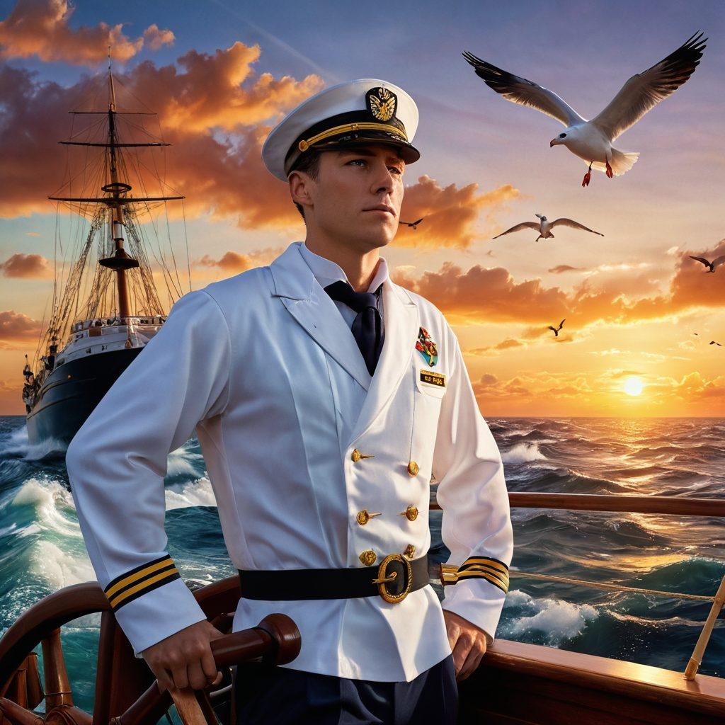 A sailor standing confidently at the helm of a ship, with waves crashing around and seagulls flying above, symbolizing adventure and career success at sea. The background features a stunning sunset over the ocean, highlighting the beauty of maritime life. Include elements like nautical charts and navigational tools on the deck. vibrant colors. super-realistic.