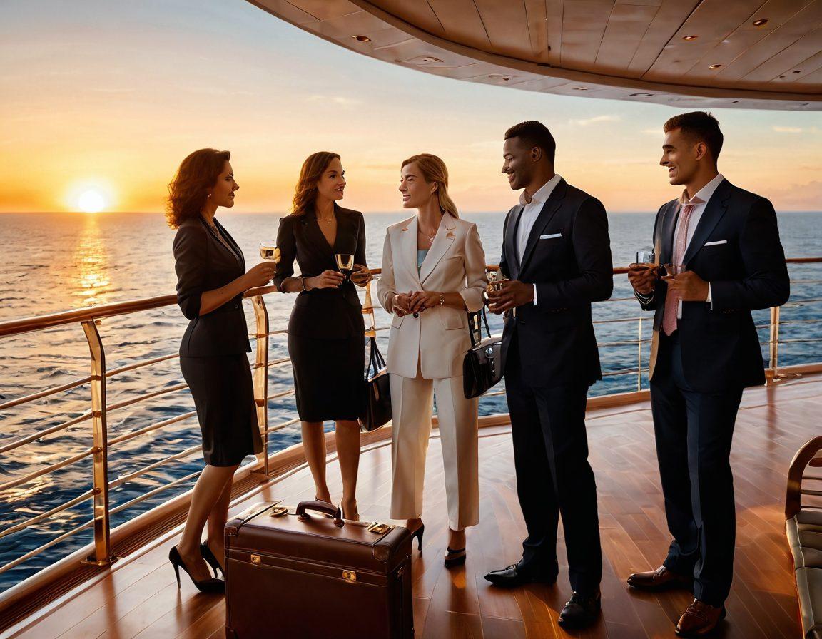 A dynamic scene of a diverse group of professionals on a luxurious cruise ship, engaging in various roles like navigation, hospitality, and entertainment with the ocean in the background. The sun sets on the horizon, casting a golden light over the water, symbolizing opportunity and growth. Include icons of success like briefcases or compasses subtly integrated into the scene. super-realistic. vibrant colors. 3D.