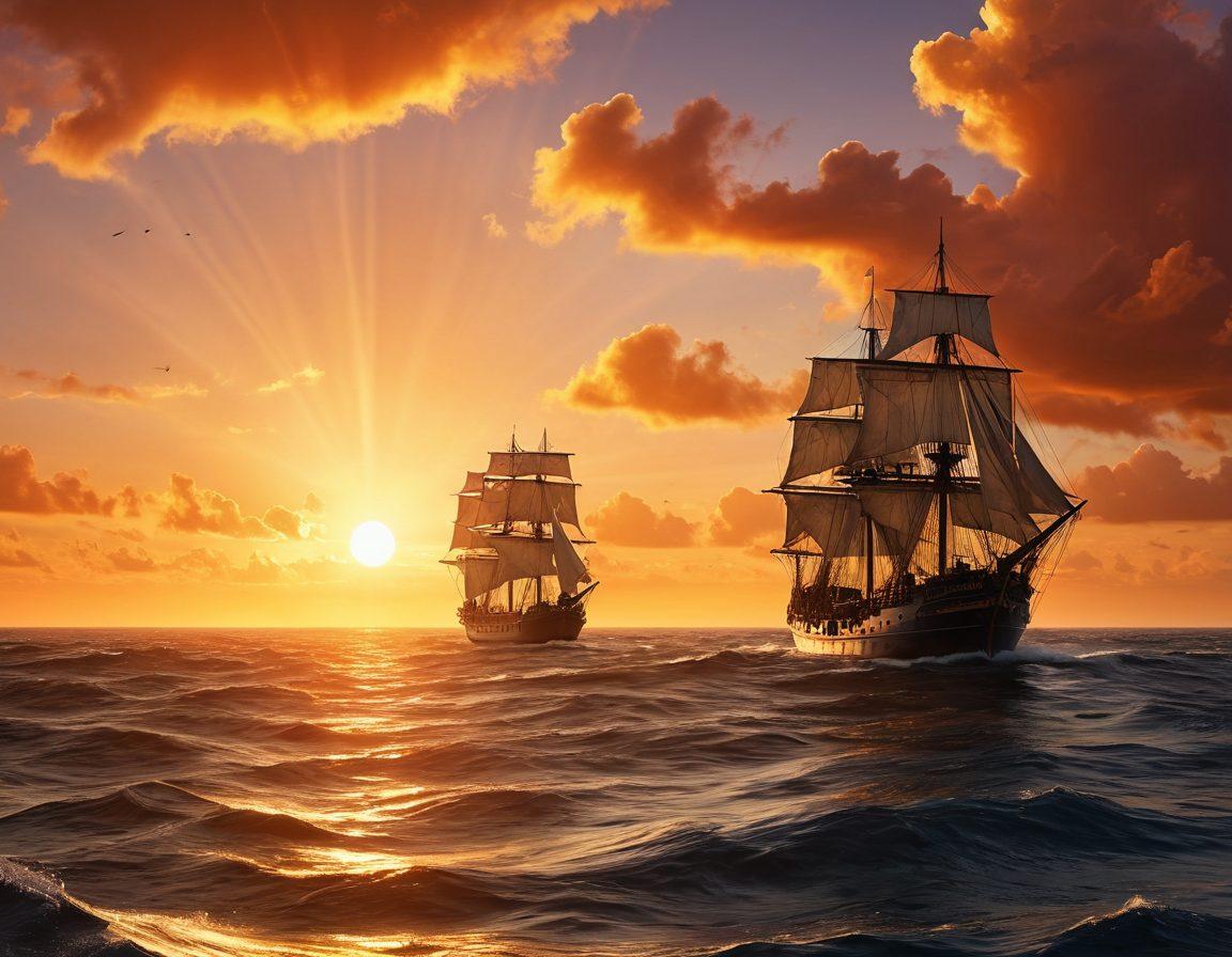 A vast ocean scene with diverse maritime vessels, including a cargo ship, fishing boat, and sailboat, sailing under a radiant sunset. Overlay silhouettes of maritime professionals like divers, sailors, and engineers, showcasing varied roles in the maritime industry. Add a subtle compass rose in the corner to symbolize navigation towards career paths. vibrant colors. super-realistic.